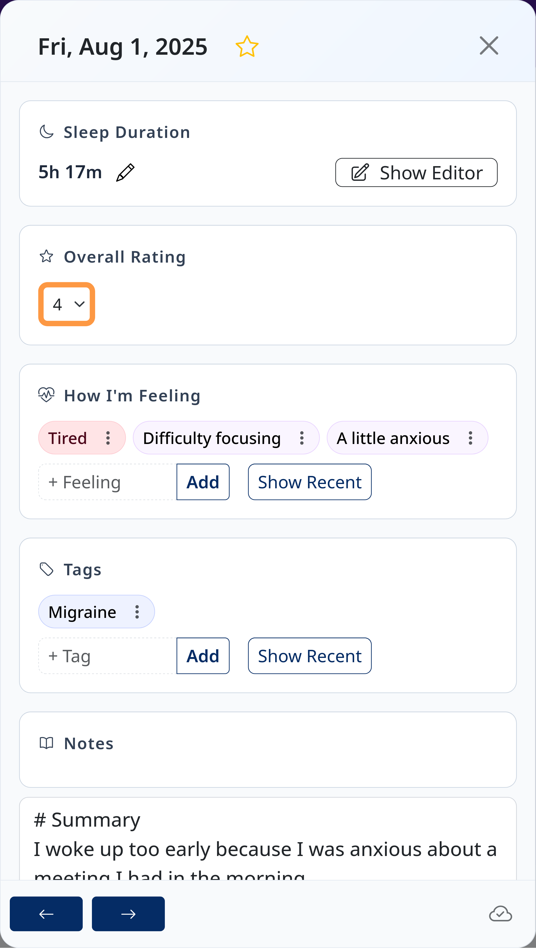 Sleep annotations interface